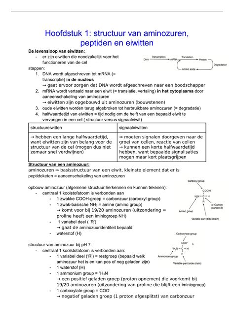 Samenvatting Hoofdstuk 1 Biochemie Structuur Van Aminozuren Peptiden