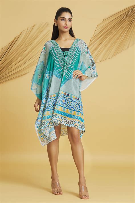 Buy Multi Color Georgette Printed Floral V Neck Geometric Kaftan For