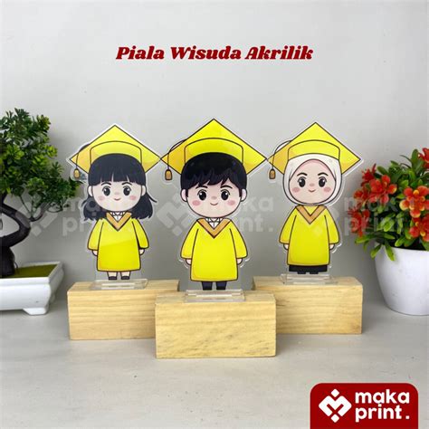 Jual Piala Wisuda Akrilik Kuning Print Uv Tatakan Kayu Free Stiker