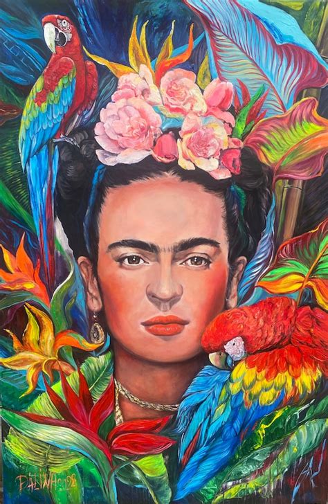 Frida Kahlo Portrait Print On Canvas Frida Kahlo With Parrots Etsy