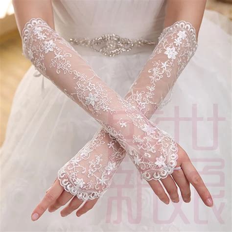 Elegant Lace Bridal Gloves Ivory Beaded Elbow Length Fingerless Long