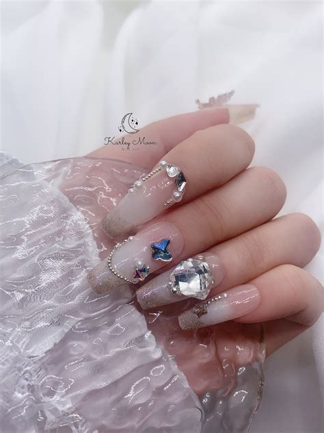 Nude Pink Butterfly Glitter Rhinestone Crystal Press On Nail Etsy