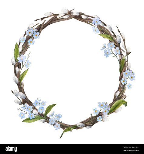 Watercolor Illustration Of A Wreath With Forget Me Nots And Pussy Willow Isolated Stock Photo