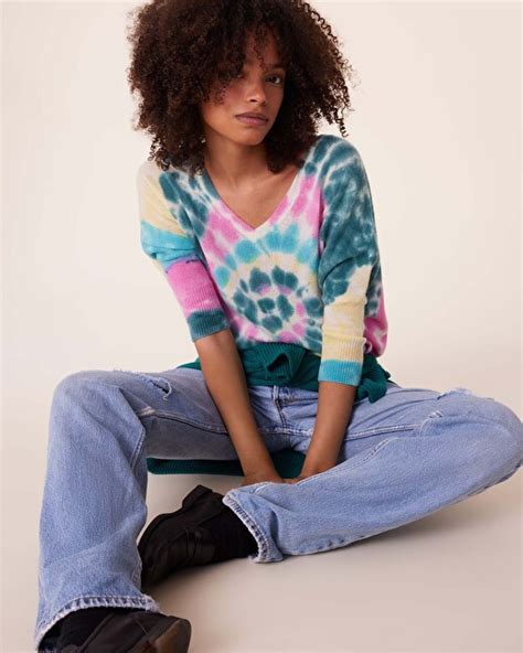 Pull Cachemire Col V Oversize Tie Dye 2 Fils Rose Vert Pull Minie