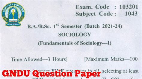 Gndu BA Bsc 1st Semester Sociology Question Paper Sociology