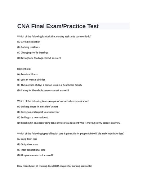 CNA Final Exam Practice Test LATEST SOLUTION 2024 VERIFIED Exams