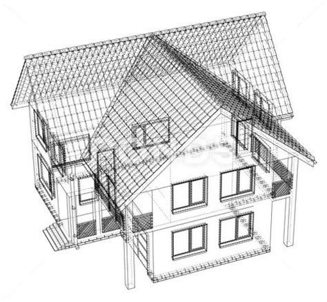 Wireframe blueprint drawing of 3D house - Vector illustration: Graphic ...