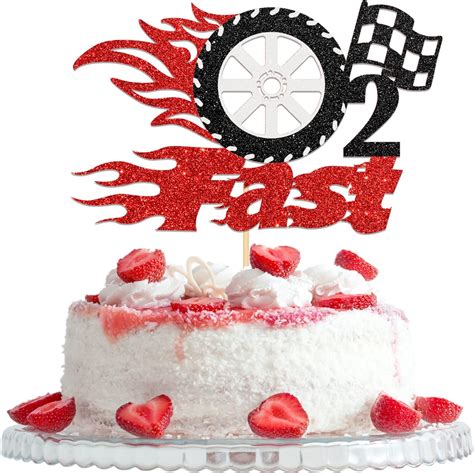 Two Fast Cake Topper Racing Car Chequered Flag Themed Happy 2nd Birthday Party