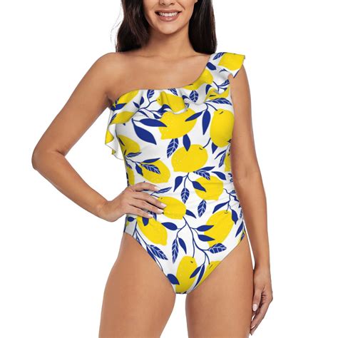 Easygdp Tropical Lemon Womens One Shoulder Ruffle Monokini Bathing