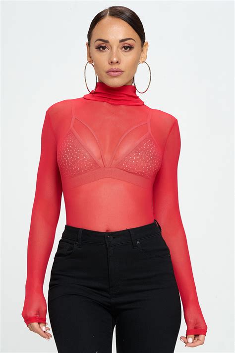 Mock Neck Long Sleeve Mesh Bodysuit Ohyes Fashion