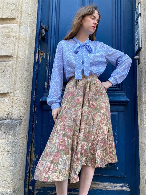 70s 80s French Pussy Bow Puff Bishop Sleeve Polka Dot Print Blouse M Etsy