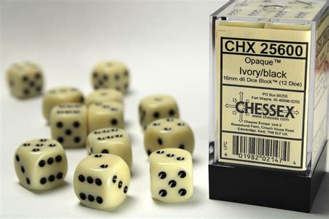 Набір кубиків Chessex Opaque 16mm D6 With Pips Dice Blocks 12 Dice Ivory Wblack Купити з