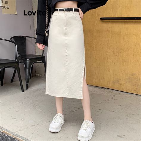 Lovito Casual Plain Pocket Zipper Split Denim Skirts For Women Lne