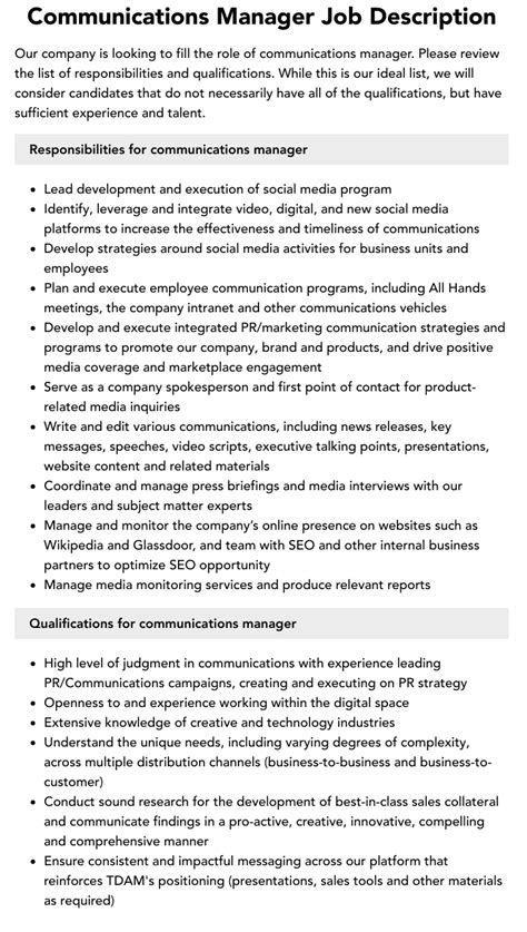 Communications Manager Job Description Velvet Jobs