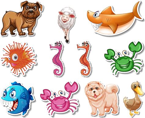 Set of stickers with sea animals and dogs cartoon character 2860787 ...