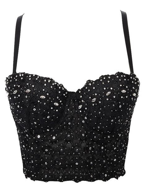 Aunavey Womens Rhinestone Bustier Crop Top Club Party Corset Top Bra