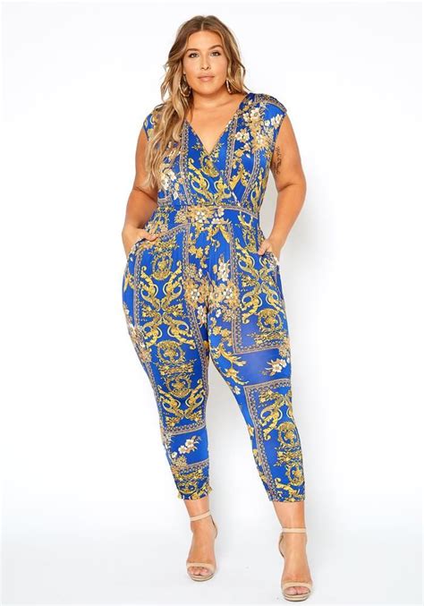 Asoph Plus Size Royal Blue Printed Sleeveless Jumpsuit Plus Size Women Trendy Plus Size