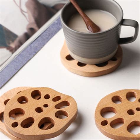 4pcs Drink Coasters Cute Decorative Lotus Root Cup Pad Beech Coaster