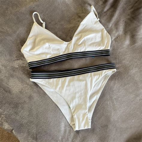 White Ribbed Bikini With Green And Black Detail Depop