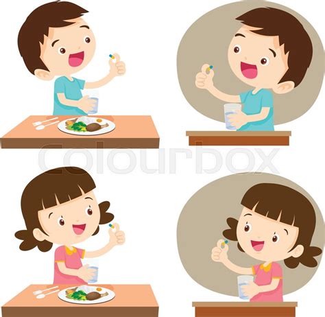 Kids taking pills with glass of ... | Stock vector | Colourbox