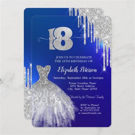 Silver Glitter Drips Dress Blue 18th Birthday Invitation Zazzle 18th Birthday Birthday