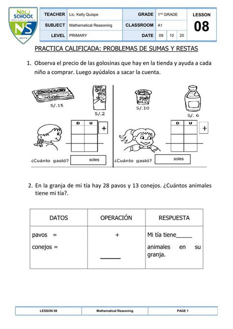 Problemas De Sumas Y Restas Worksheet For Primer Grado Travel