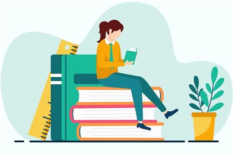 Premium Vector Woman Sitting On A Pile Of Books And Reading A Book