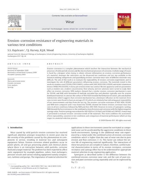 Pdf Erosioncorrosion Resistance Of Engineering Materials In Various