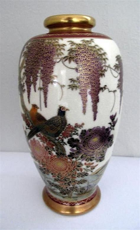 Signed Satsuma Wisteria Birds Vase Cm Height Ceramics Japanese