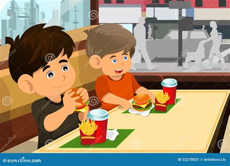 Kids Eating Hamburger And Fries Stock Vector Illustration Of Clip