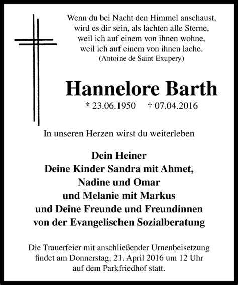 Traueranzeigen Von Hannelore Barth Trauer In NRW De