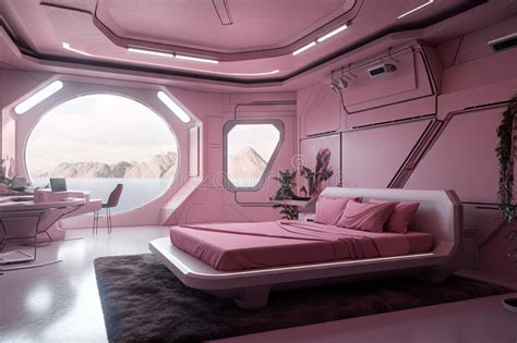 Pink Futuristic Bedroom With Floating Bed And View Of The Stars Stock