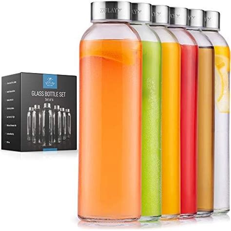 Zulay Kitchen Set Of 6 Glass Water Bottles 18oz Capacity Leak Proof Clear Glass Bottles With