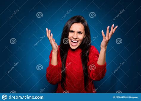 Photo Of Annoyed Furious Young Lady Wear Knitted Sweater Screaming Rising Arms Isolated Gradient