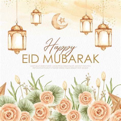 Premium Vector Eid Mubarak Greeting Card Watercolor With Lantern And Orange Flowers And Green