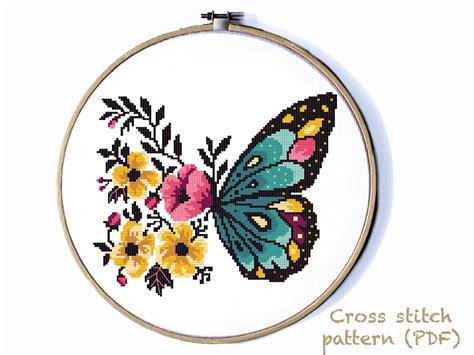 Butterflies Modern Cross Stitch Pattern Flower Counted Cross Stitch