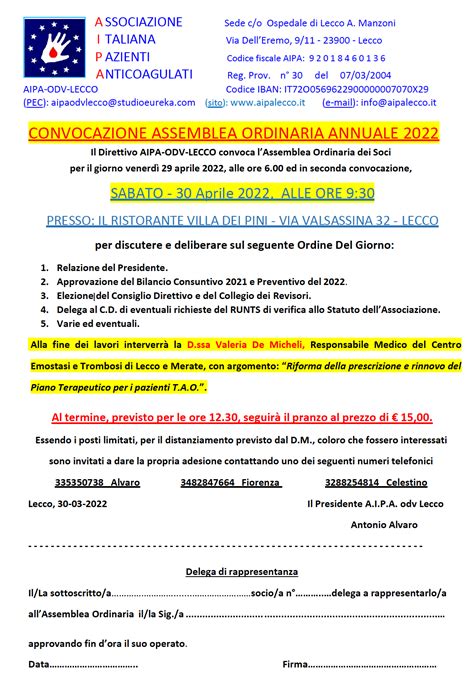 CONVOCAZIONE ASSEMBLEA ORDINARIA ANNUALE 2022 SABATO 30 Aprile 2022