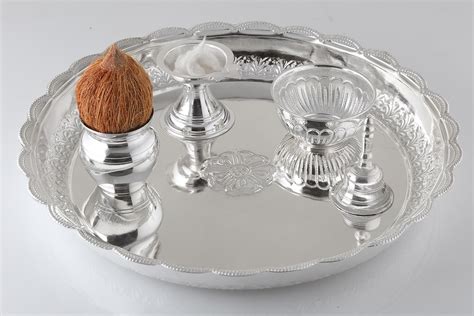 Pure Silver Puja Thali Set Plate Katori Diya Loti Bell Net Weight 260