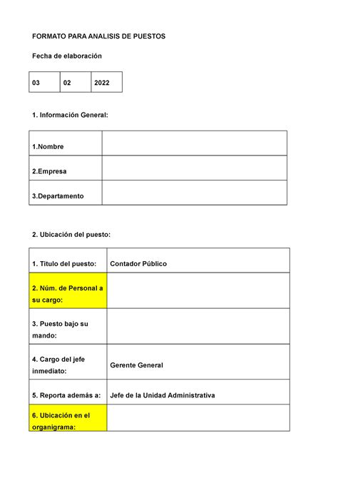 Analisis De Puestos Formato Para Analisis De Puestos Fecha De