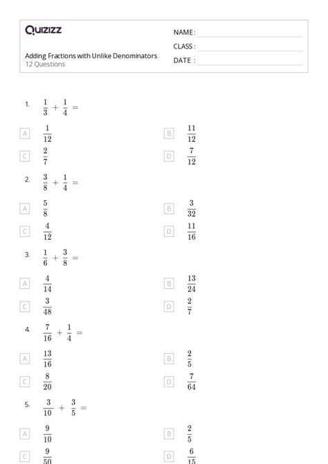 50 Adding Fractions With Unlike Denominators Worksheets For 5th Grade On Quizizz Free And Printable