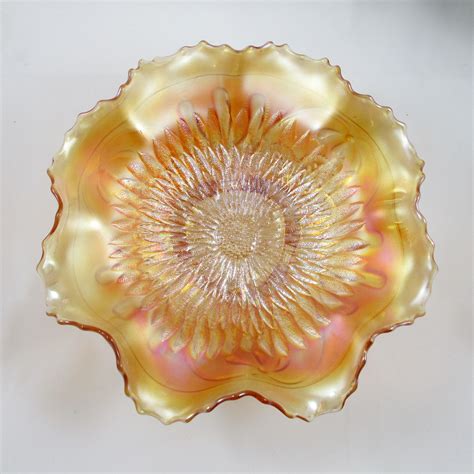 Antique Northwood Sunflower Marigold Carnival Glass Footed Bowl Carnival Glass