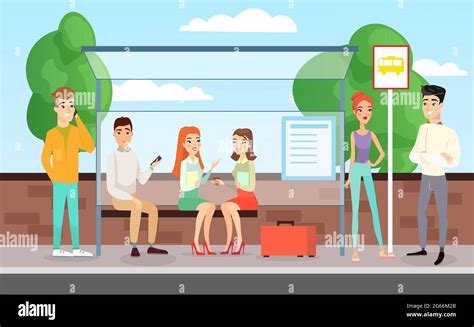 Vector Illustration Of People Waiting For A Bus Standing Talking And