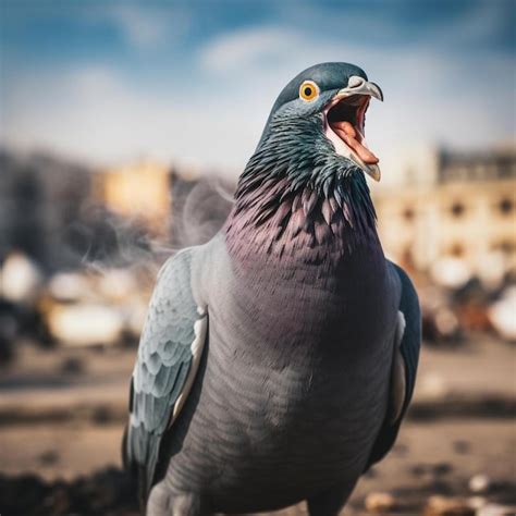 Pigeon bird singing with open mouth on blurred backgroun | Premium AI-generated image