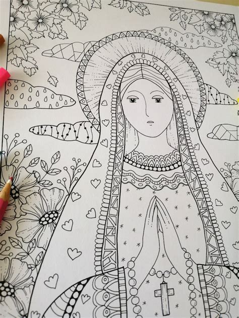 Virgin Mary Blessed With Rosary Coloring Page For Adults Instant Download Catholic Art