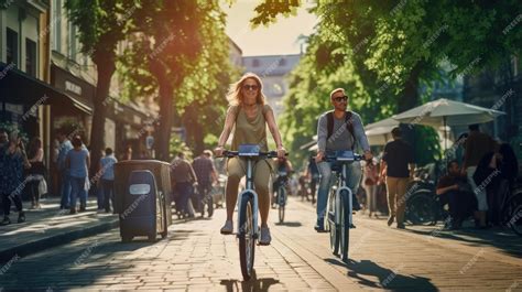 Pessoas Envolvidas Em Atividades Ecológicas Como Andar De Bicicleta Ou