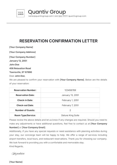 Free Reservation Confirmation Letter Template Edit Online And Download