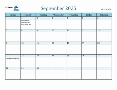 September 2025 Monthly Calendar with Armenia Holidays