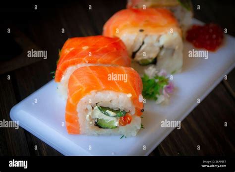 Philadelphia Roll Sushi With Salmon Prawn Avocado Cream Cheese Stock