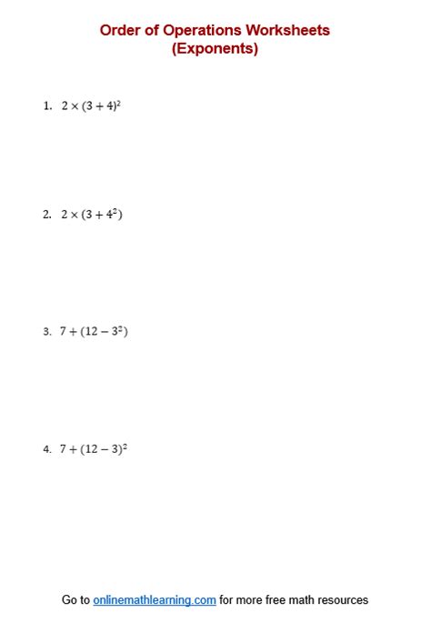Order Of Operations With Exponents Worksheets