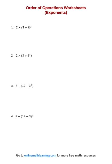 Order Of Operations With Exponents Worksheet Printable Examples